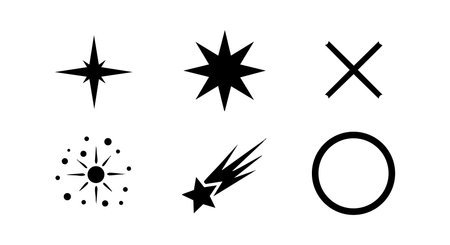 This vector features six distinct black geometric shapes, including stars, a cross, a circle, and a...