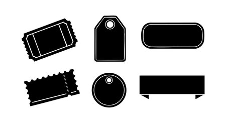 This vector features six different black blank labels, tickets, tags, and badges in silhouette style, perfect for versatile design needs. minimalist.のイラスト素材