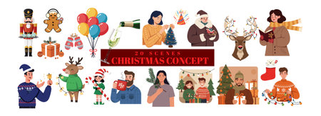 This vector shows diverse Christmas celebration scenes with people, Santa, reindeer, gifts, tree, and decorations, evoking a cheerful, festive mood.のイラスト素材