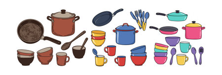 This vector shows assorted kitchen cookware including pots, pans, cups, bowls, and utensils in various bright colors, appearing playful.のイラスト素材