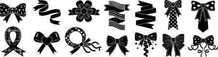 This vector displays various decorative ribbon bows and knots in black silhouette style, perfect for festive or elegant design themes. Stylish.のイラスト素材