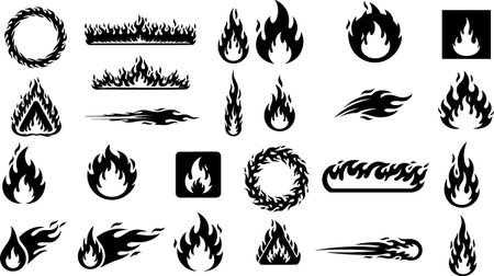 This vector set displays diverse fire flame icons in black silhouette style, suitable for graphic projects, conveying energy and dynamic mood.のイラスト素材