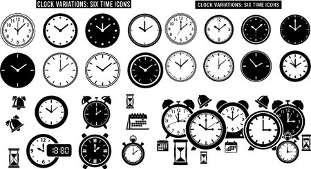 This vector set features multiple clock faces, alarm clocks, and hourglasses in black and white, arranged neatly, creating a classic mood.のイラスト素材