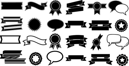 This vector set features ribbon banners, badges, and speech bubbles in black silhouettes, ideal for graphic design, labels, and creative projects. Versatile.のイラスト素材