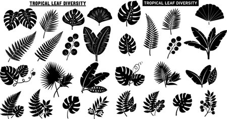 This vector displays a wide range of tropical leaf silhouettes with various botanical shapes in black, perfect for natural and creative design. Modern.のイラスト素材