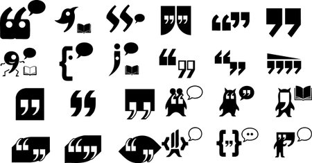 This vector file features various black quotation mark icons with books, owls, people, and speech bubbles, displayed in a graphic resource style. Creative.のイラスト素材
