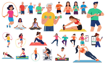 People engage in multiple physical activities including yoga, stretching, cardio, and strength training, set in a bright, energetic atmosphere. Motivational.のイラスト素材