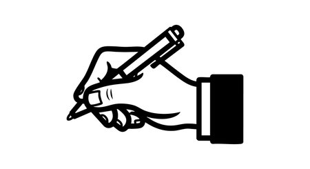 Illustration of a hand holding a pencil poised to write, depicted in black and white line art style, simple and clear. Calm mood.のイラスト素材