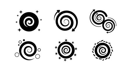 Set of six black spiral symbols with rotation arrows and decorative shapes in vector style, presenting dynamic circular motion and abstract design. Calm.のイラスト素材