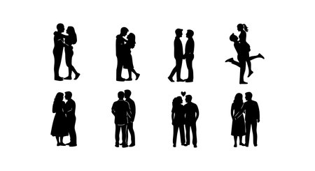Vector illustration shows silhouettes of couples in different romantic poses with black shapes on white background, conveying love and connection mood.のイラスト素材