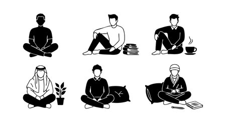 Illustration shows diverse people sitting in relaxed, meditative poses with books and coffee, evoking calm and peaceful mood.のイラスト素材