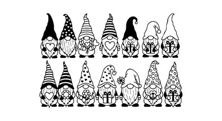 This black and white vector image shows cartoon gnomes with hats holding hearts and gifts in two rows, creating a cheerful and playful mood.のイラスト素材