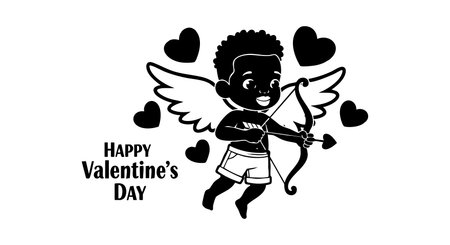Illustration of a cupid boy with wings aiming an arrow surrounded by hearts for Valentines Day celebration, cheerful and loving mood.のイラスト素材