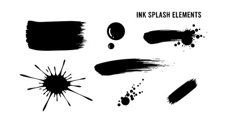 Vector illustration shows multiple black ink splash and brush stroke elements with rough edges and splatters creating dynamic effects. Artistic mood.のイラスト素材