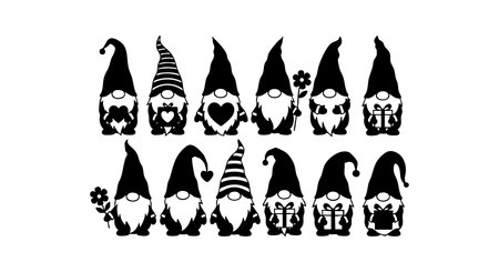 Vector image shows black silhouette gnomes with different hats holding gifts and flowers in a festive holiday design, creating a cheerful mood.のイラスト素材