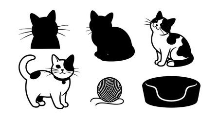 Vector illustration shows cat silhouettes in various poses with yarn ball and bed, capturing playful and relaxed feline moods. Calm ambiance.のイラスト素材