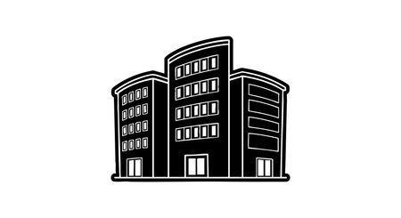 This vector shows a modern commercial building facade in black and white with multiple windows and doors, presenting a clean architectural style. Calm.のイラスト素材