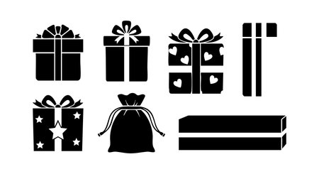 This vector illustration shows various gift boxes and a gift bag with ribbon decorations in black silhouette style, conveying celebration and festivity mood.のイラスト素材