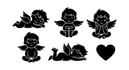 Vector illustration shows six black cupid silhouettes with wings and hearts in different poses, conveying love and affection mood.のイラスト素材