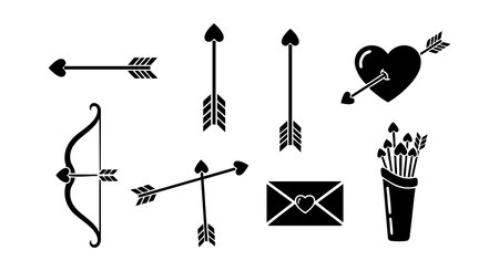 Vector set shows cupid arrows, heart with arrow, bow, envelope with heart, and quiver with arrows in black silhouette style. Romantic mood.のイラスト素材