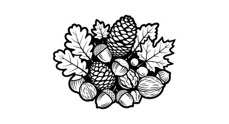 This black and white vector illustration shows pine cones, oak leaves, and acorns arranged naturally with clean line art style, conveying a classic mood.のイラスト素材