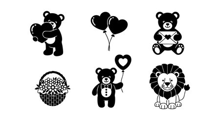 This vector illustration features teddy bears with hearts, balloons, flowers, and a lion in black silhouette style, creating a charming romantic mood.のイラスト素材