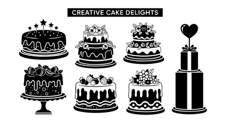 This vector shows six creative black silhouette birthday cakes with various decorative toppings and...