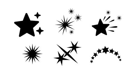 Collection of black star shapes with sparkles and bursts in various styles presented in vector format. Simple and dynamic design. Cheerful.のイラスト素材