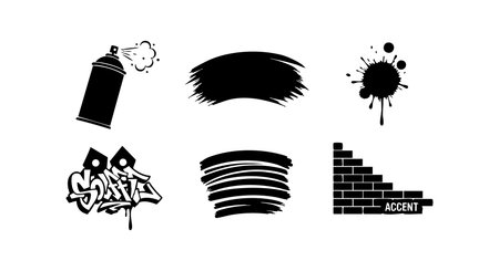 Vector black graffiti spray paint can, brush strokes, splatters, and brick wall graphic icons illustrating urban art style, creative and dynamic mood.のイラスト素材