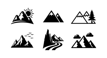 This vector set features mountain landscape icons with sun, trees, birds, clouds, and a winding road in black silhouette style. Calm and simple.のイラスト素材