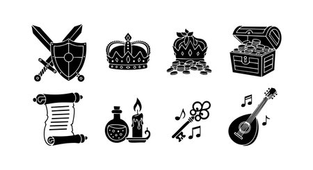Vector set of medieval fantasy icons featuring sword, shield, crown, treasure chest, scroll, potion, candle, key, and lute. Creative and magical mood.のイラスト素材