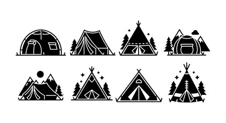 Vector illustration shows various camping tents and teepees set against mountain and forest backgrounds, evoking outdoor adventure and exploration mood.のイラスト素材