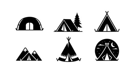 Set of camping tent icons with mountains and night moon, showing outdoor adventure and nature exploration in black silhouette style. Calm mood.のイラスト素材