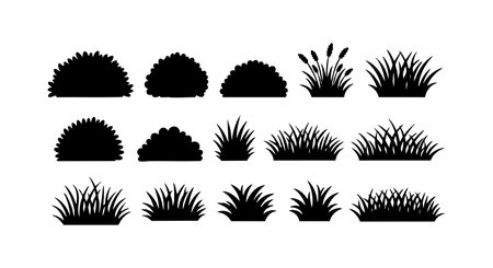 This vector set shows different grass and bush silhouettes in black for landscape and garden design illustrations, creating a natural and simple mood.のイラスト素材