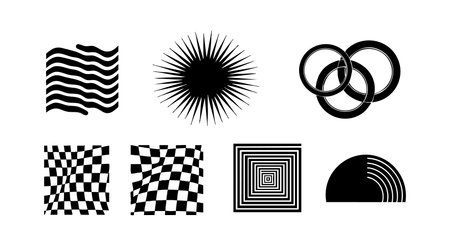 Vector illustration features abstract black and white geometric shapes including waves, sunburst, rings, checkerboards, and concentric squares in minimalist style. Calm.のイラスト素材