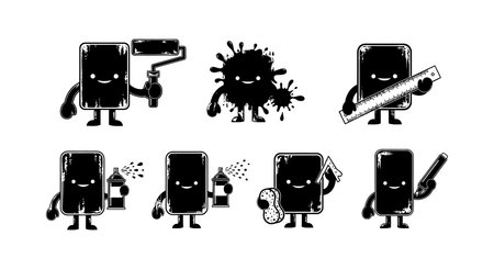 Vector shows mobile phones interacting with virus and hygiene objects in black and white style, creating a playful and informative scene. Cheerful mood.のイラスト素材