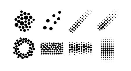 This vector features multiple halftone dot patterns in different shapes and densities, ideal for creative graphic design projects and digital artwork. Clean and versatile mood.のイラスト素材