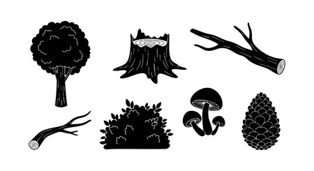 Vector file shows black silhouettes of tree, stump, branches, bush, mushrooms, and pine cone in simple style, creating natural forest mood.のイラスト素材