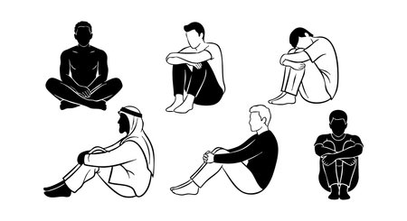 Illustration shows six men seated in different relaxed poses representing diversity and multiculturalism in a calm and thoughtful mood.のイラスト素材