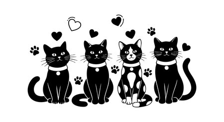 Illustration shows four cats sitting with hearts and paw prints around them in black and white style, creating a charming mood.のイラスト素材