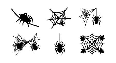 Collection of six black spider and spider web vectors in silhouette style, perfect for Halloween or nature projects, showing diversity and detail. Mysterious mood.のイラスト素材