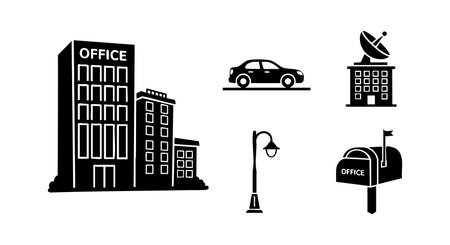 Vector icons showing office building, car, satellite dish, street lamp, and mailbox in simple black silhouette style. Clean and modern design. Professional mood.のイラスト素材
