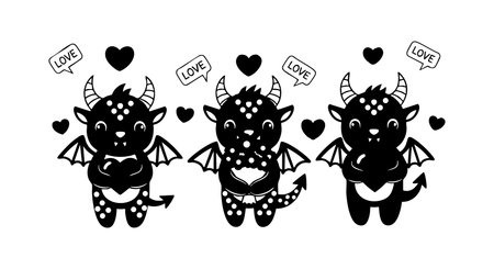 This vector illustration shows three cute devil characters with wings and horns expressing love surrounded by hearts and love speech bubbles, playful mood.のイラスト素材