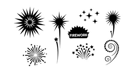 Vector illustration features various fireworks shapes with starbursts, sparkles, and spirals in black silhouette style, creating festive and dynamic mood.のイラスト素材