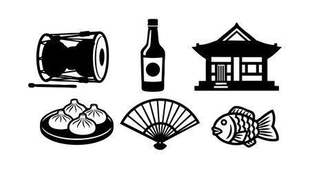 Vector illustration shows traditional Asian cultural icons including drum, bottle, dumplings, fan, and fish in black silhouette style. Calm mood.のイラスト素材