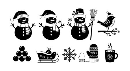 This vector features black and white snowmen with hats and brooms, a bird, sleigh, mittens, and other winter holiday symbols in silhouette style, festive mood.のイラスト素材