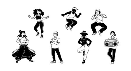 Illustration shows diverse people dancing, posing, and expressing urban street style with lively energy and dynamic movements, creating vibrant mood.のイラスト素材