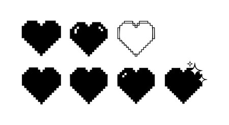 This vector features pixelated black hearts including outlined and sparkling versions, representing retro digital love icons in a simple style. Cheerful.のイラスト素材