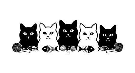 Illustration shows black and white cats sitting with fish bones and yarn balls in a playful scene, creating a charming and whimsical mood.のイラスト素材