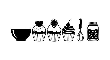 Illustration shows cupcake designs with heart, strawberry, cherry toppings alongside bowl, whisk, and jar, conveying baking theme. Cheerful mood.のイラスト素材